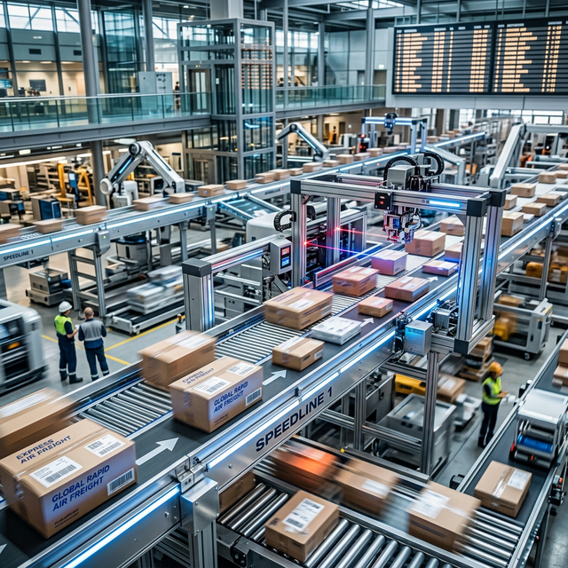 Dynamic fast-paced shot of express air freight packages processed in a modern high-tech logistics hub