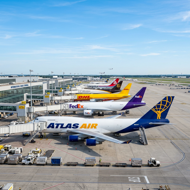 Sleek commercial cargo aircraft parked at an airport gate under a clear blue sky
