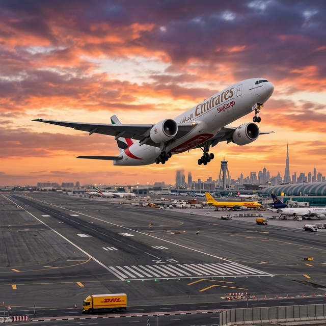 Majestic wide-body cargo aircraft taking off against a dramatic sunset sky at a major international airport