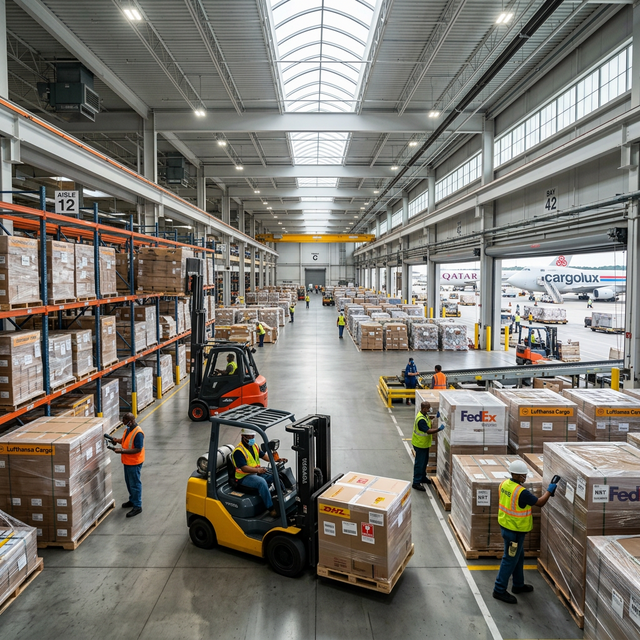 Inside a brightly lit modern airport cargo terminal with organized pallets and forklifts