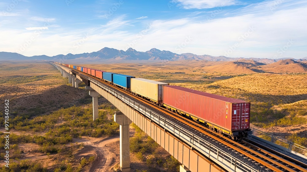 Long rail freight train carrying heavy cargo