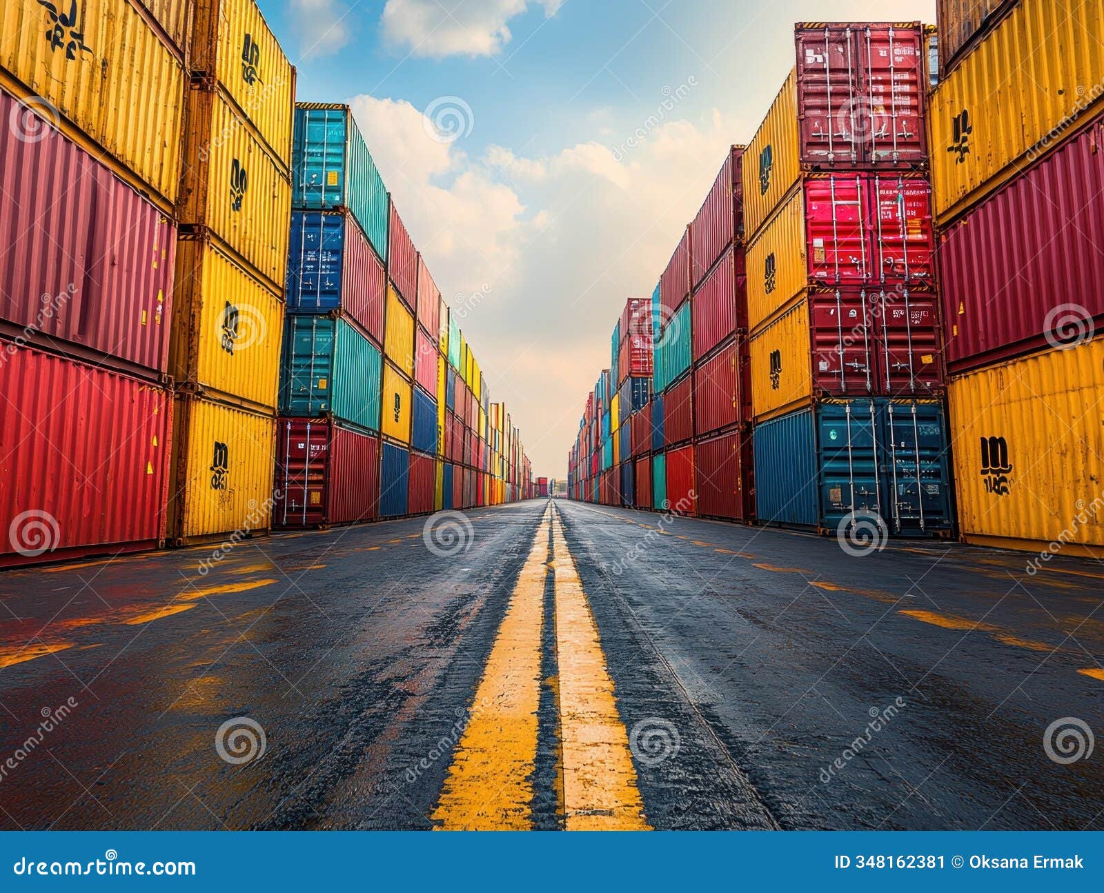 Busy international seaport container loading operations